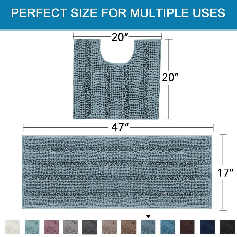 H.VERSAILTEX Bathroom Rugs Bath Rug Set 2 Piece Bathroom Contour Rug Toilet Mat Sets Non Slip Contour Bath Rug Ultra Thick Water Absorbent Striped Bath Mats(47" x 17" Plus 20" x 20" U, Stone Blue) - Image 5
